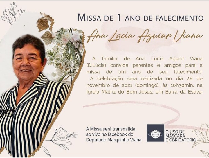 Será neste domingo: deputado Marquinho Viana e família convidam para a Missa de 1 ano do falecimento de Dona Ana Lucia Aguiar Viana