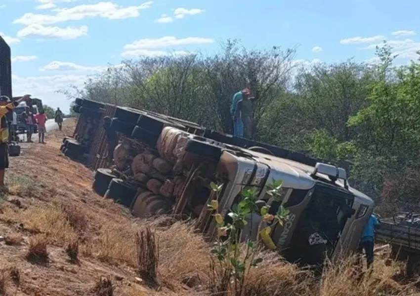 Carreta boiadeira tomba na BR-030, deixa dois feridos e causa morte de 14 animais em Malhada