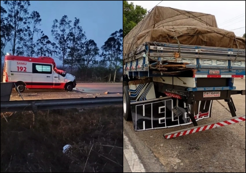 Motorista e socorrista do SAMU ficam feridos após ambulância bater em caminhão na BR-116