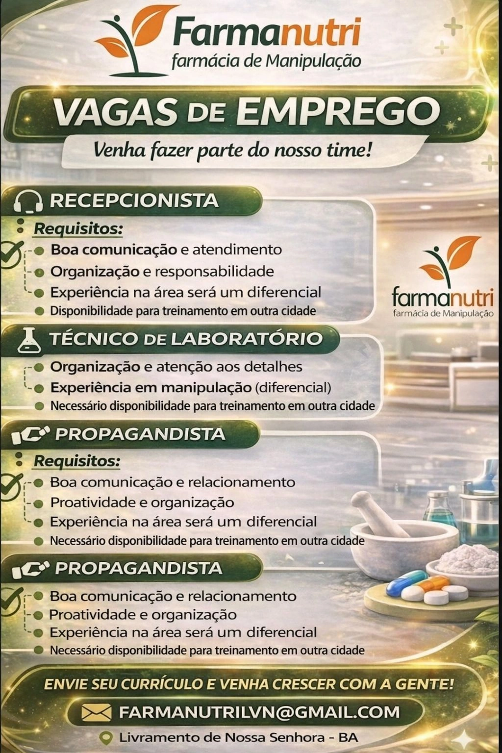 Farma nutri abre vagas de emprego em Livramento; Veja como se candidatar.