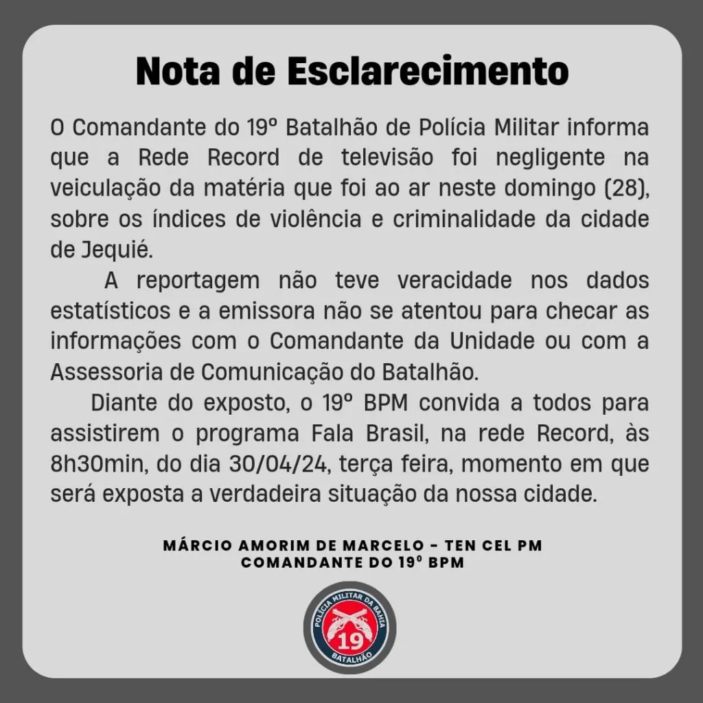 Comando da PM de Jequié rebate reportagem nacional sobre violência na cidade