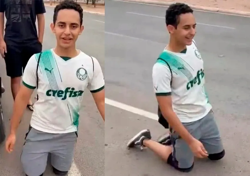 Estudante cumpre promessa e caminha 4 km de joelhos em Luís Eduardo Magalhães após classificação do Palmeiras