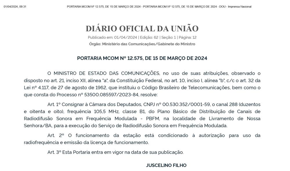 Ministério das Comunicações autoriza transmissão da Rádio Câmara em Livramento de Nossa Senhora