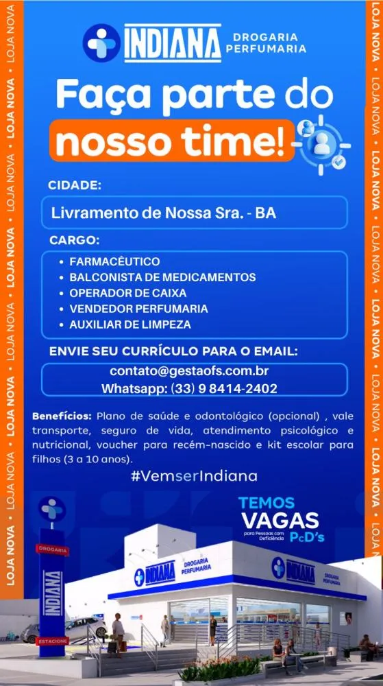 Farmácia Indiana abre vagas de emprego em Livramento de Nossa Senhora