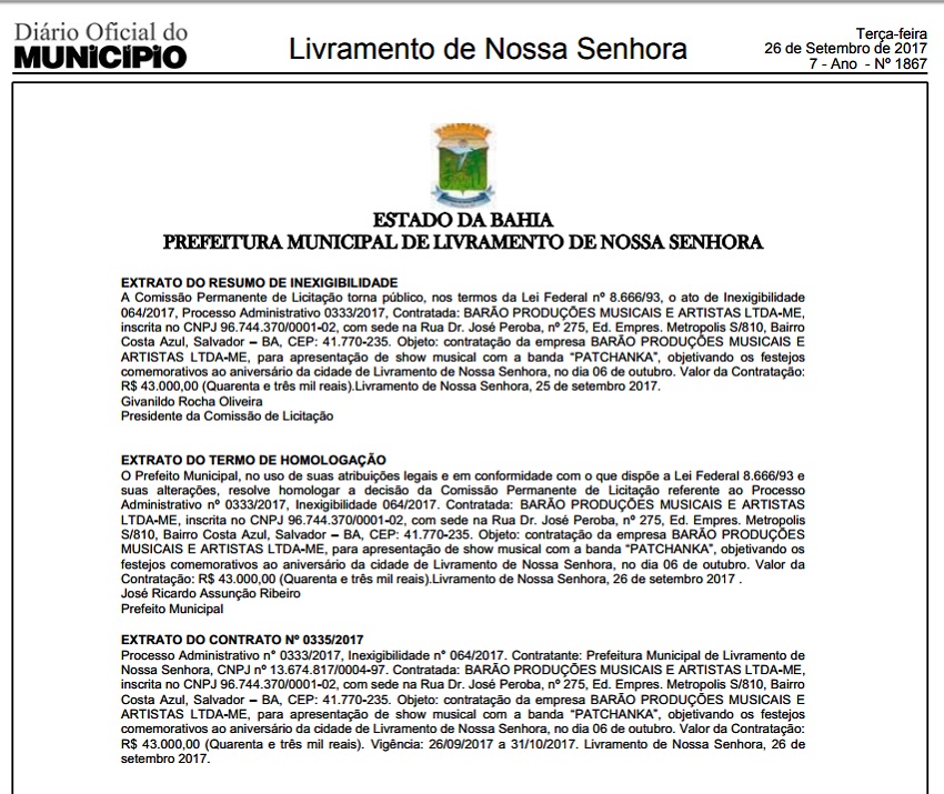 Com município em situação de emergência Prefeitura de Livramento de Nossa Senhora contrata banda Patchanka por 43 mil 