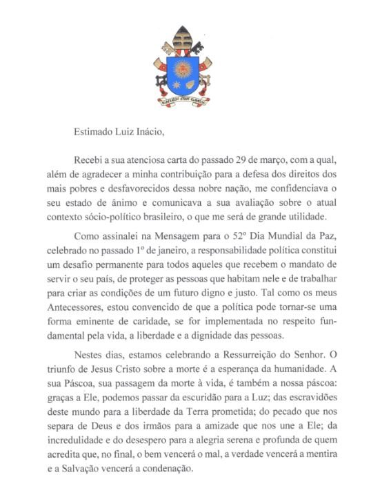 Em carta a Lula, Papa Francisco pede que ex-presidente 'não desanime'; leia