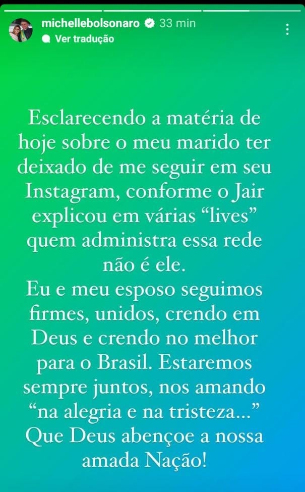 ‘Estaremos sempre juntos, nos amando’, diz Michelle sobre Bolsonaro após suposto unfollow