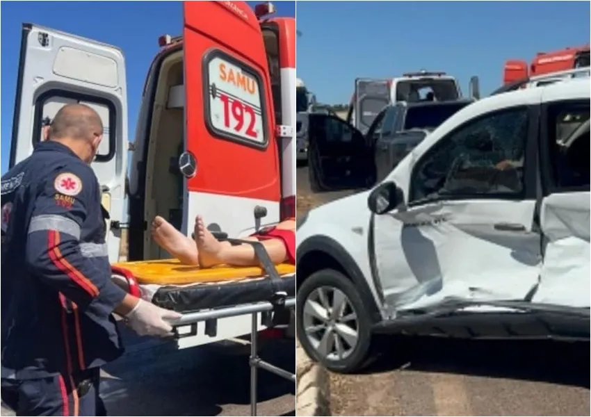 Família fica ferida após colisão entre carro e caminhão na BR-242