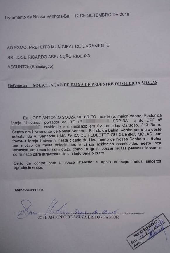 Livramento: Pastor solicita implantação de faixa de pedestres ou quebra molas na Av. Leônidas Cardoso