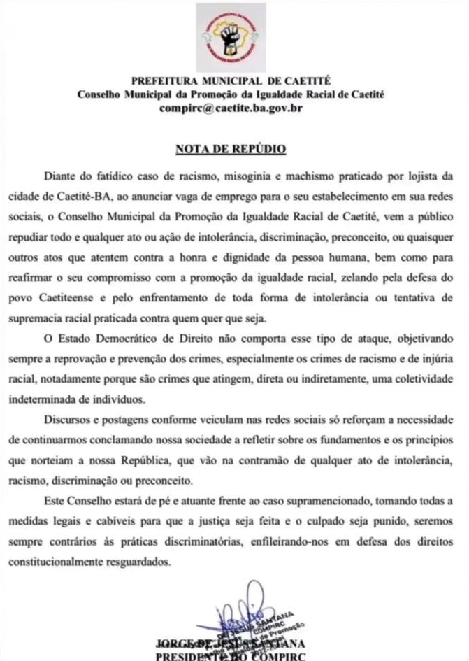 Anúncio de vaga de emprego em Caetité gera polêmica por conteúdo racista