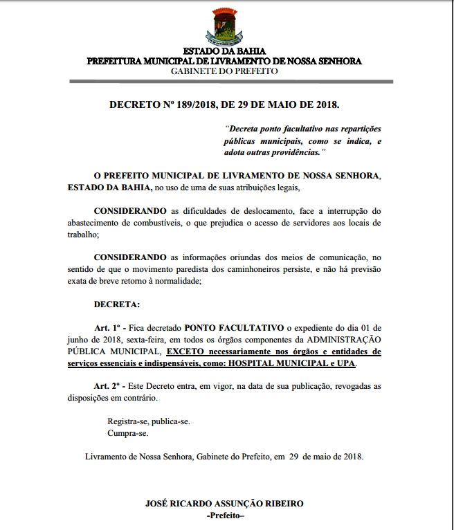 Prefeito de Livramento decreta ponto facultativo na próxima sexta feira (01)