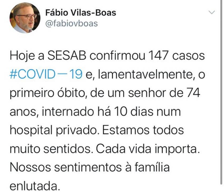 Bahia registra primeira morte de paciente com coronavírus