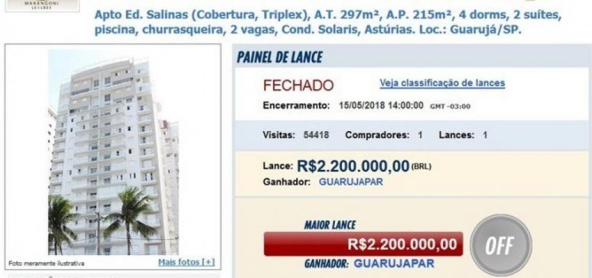 Triplex de Lula é arrematado com oferta única de R$ 2,2 milhões