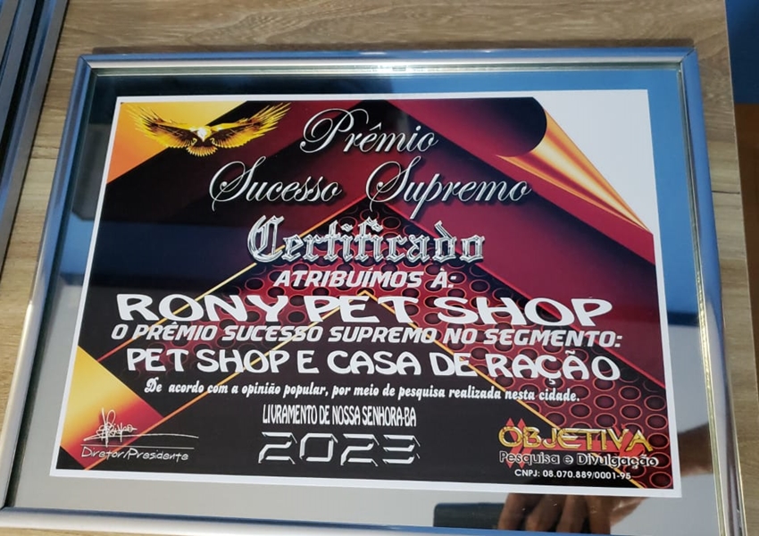 Rony Pet Shop é agraciado com o prêmio Sucesso Supremo 2023 no segmento pet shop e casa de ração