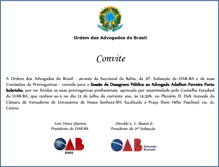 OAB/BA Realiza na sexta feira (13) sessão de desagravo público ao advogado Adailton Porto