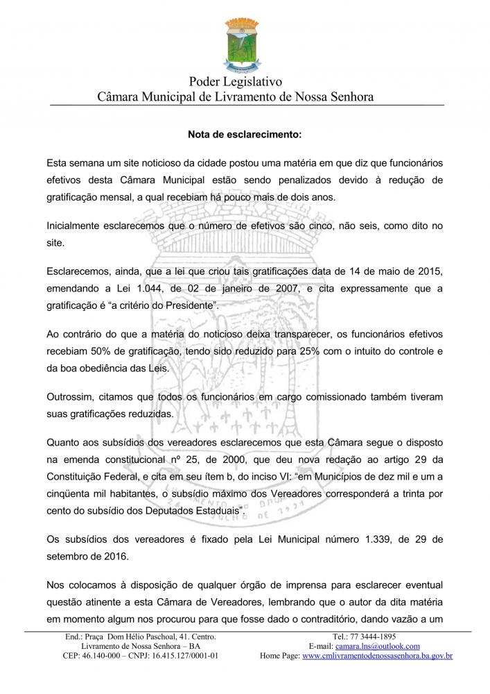 Livramento: Câmara emite nota de esclarecimento sobre matéria de servidores efetivos publicada em site