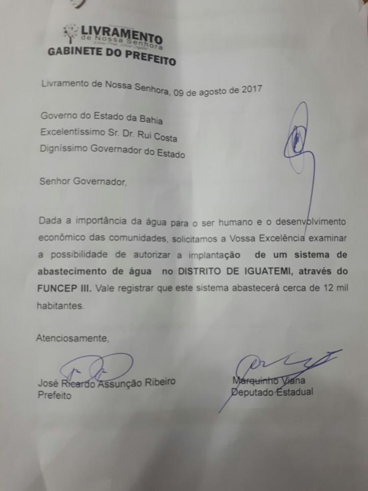Prefeito Ricardinho Ribeiro e deputado Marquinho Viana solicita ao Governador implantação de adutora no Distrito de Iguatemí