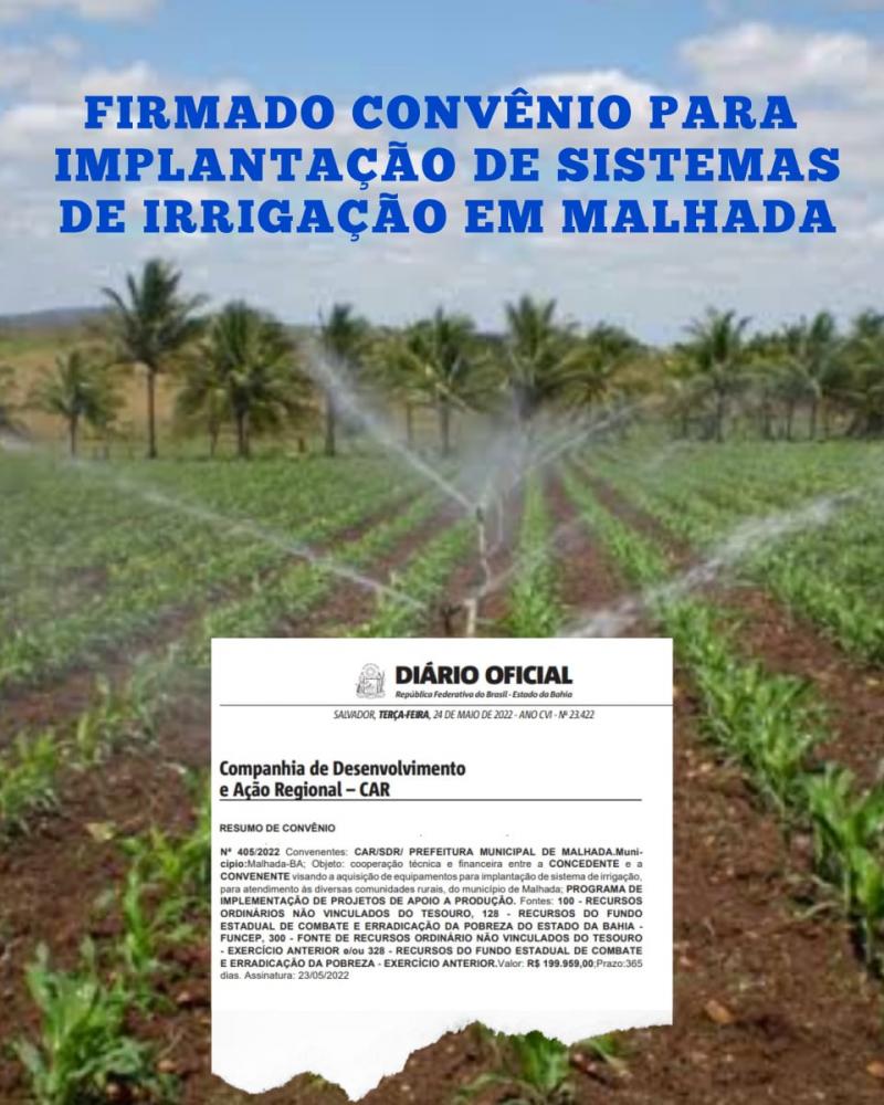 Publicado convênio para implantação de sistemas de irrigação em Malhada 