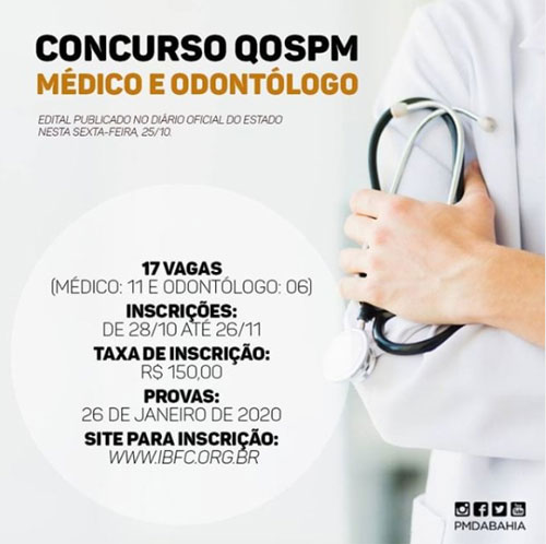 Estado lança edital de concurso para médico e odontólogo da Polícia Militar