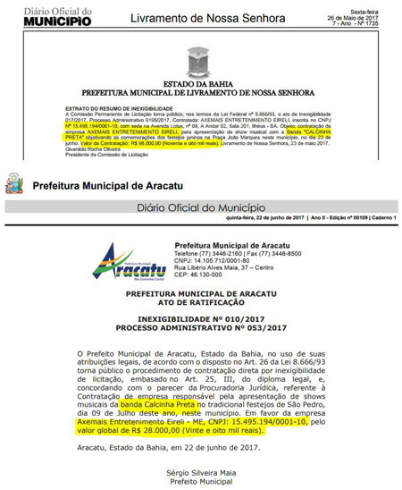 Prefeitura de Livramento contratou Banda Calcinha Preta por 70 mil reais a mais que Aracatu